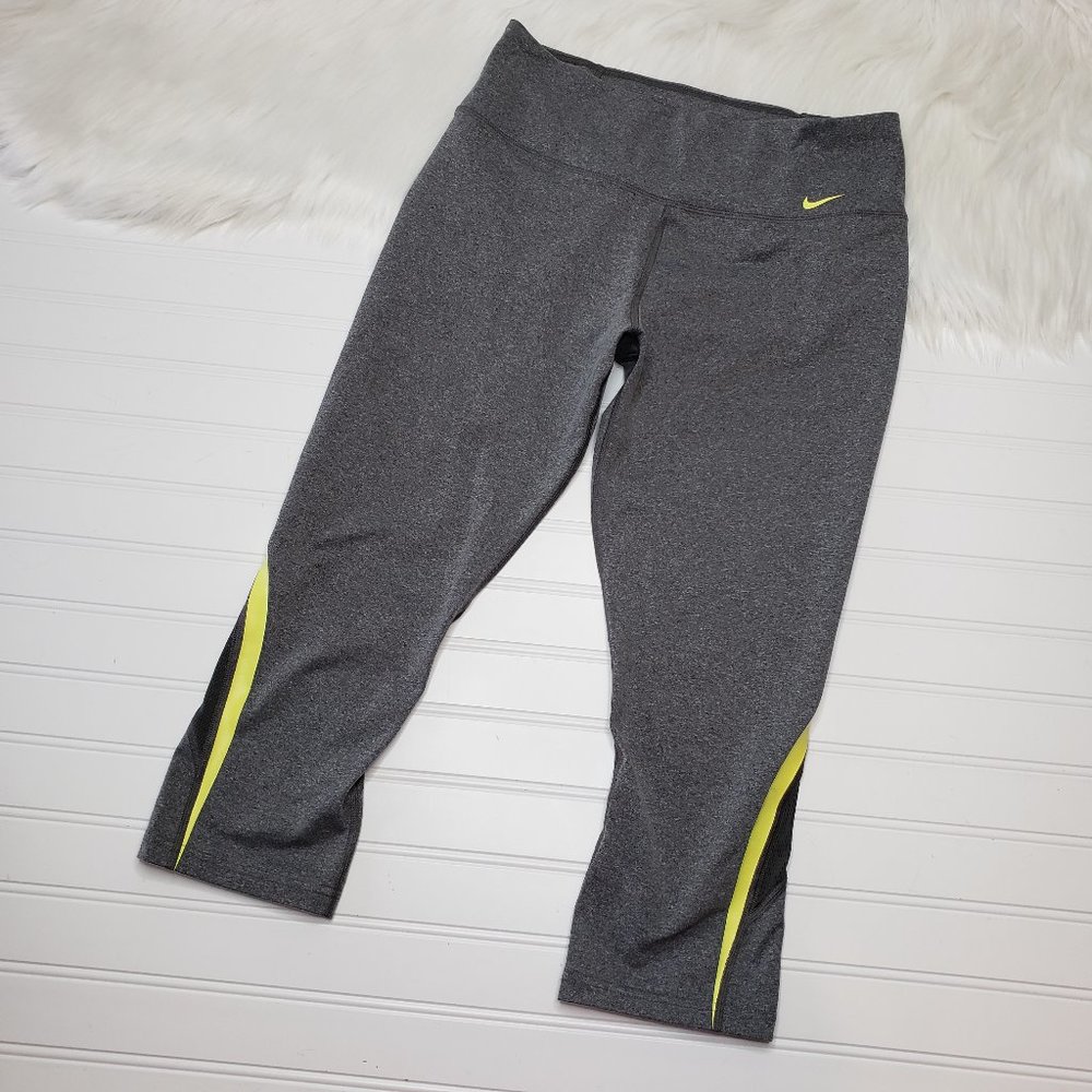 Nike Women's Size Medium Dry Fit Mesh Workout Capri Leggings Gray W/ Yellow Trim